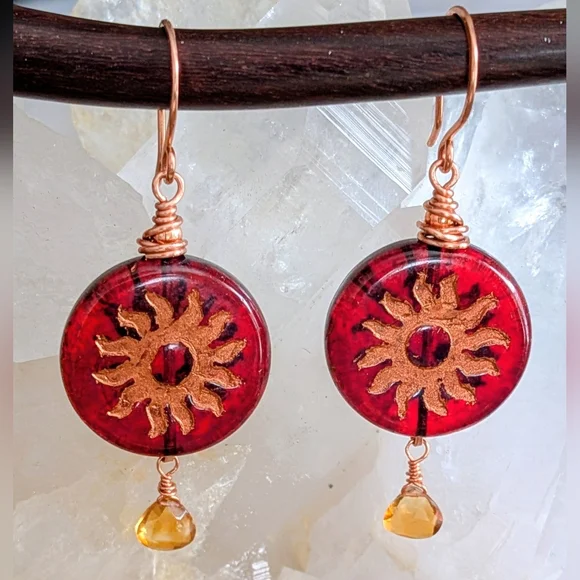 Celestial Sun Earrings Artisan Crafted Copper Wrap Congnac Citrine Drops - Picture 11 of 16